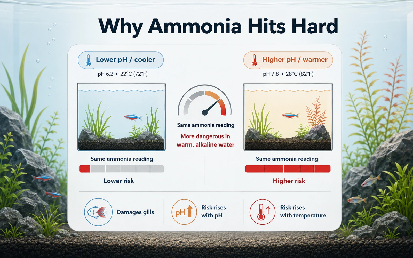 Comparison showing the same ammonia reading carrying greater risk in warmer higher pH aquarium water