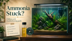 Planted aquarium with a high ammonia test vial illustrating a stalled fishless cycle
