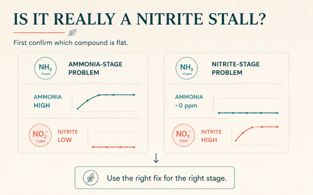 Comparison showing an ammonia-stage stall versus a nitrite-stage stall so the correct fix can be chosen