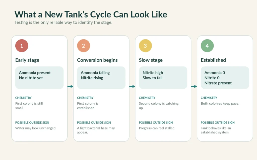 Four aquarium cycling stages from ammonia buildup to zero ammonia and nitrite with nitrate present