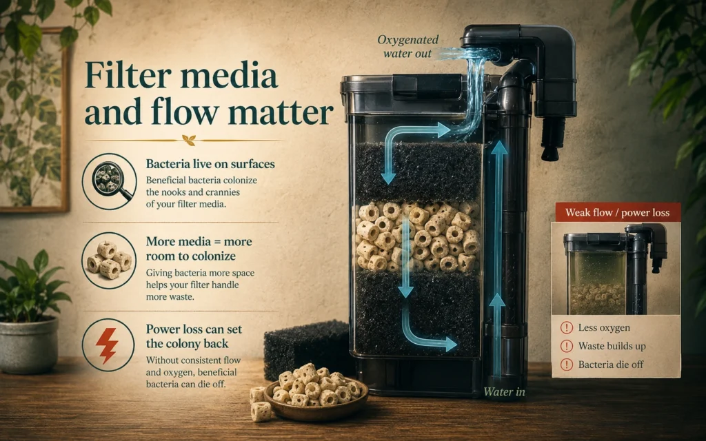 Aquarium filter cutaway showing porous biological media and oxygenated water flow
