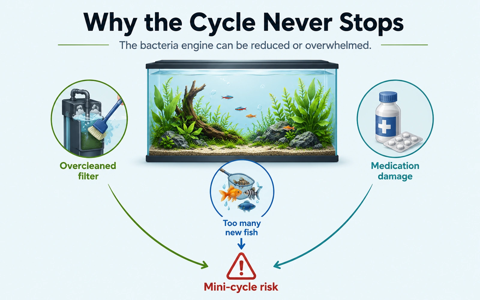 Aquarium mini-cycle causes including overcleaned filter media medication damage and adding too many new fish