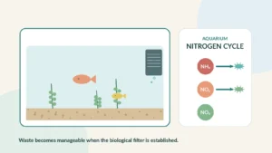 Freshwater aquarium showing the nitrogen cycle from ammonia to nitrite and nitrate