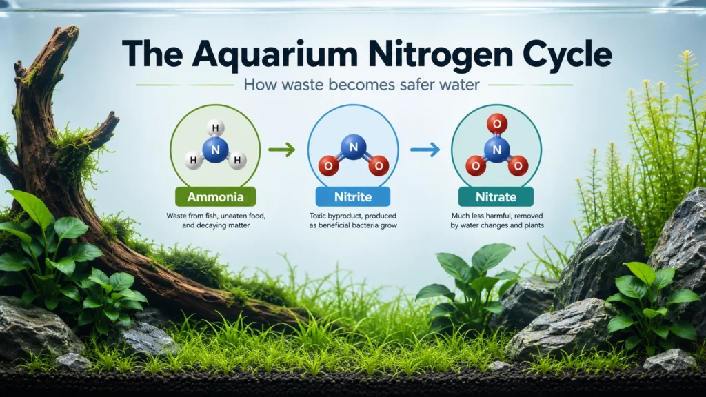 Planted freshwater aquascape illustrating ammonia changing into nitrite and then nitrate