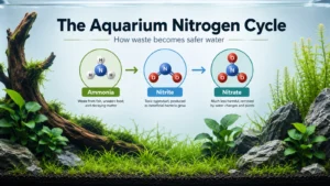 Planted freshwater aquascape illustrating ammonia changing into nitrite and then nitrate