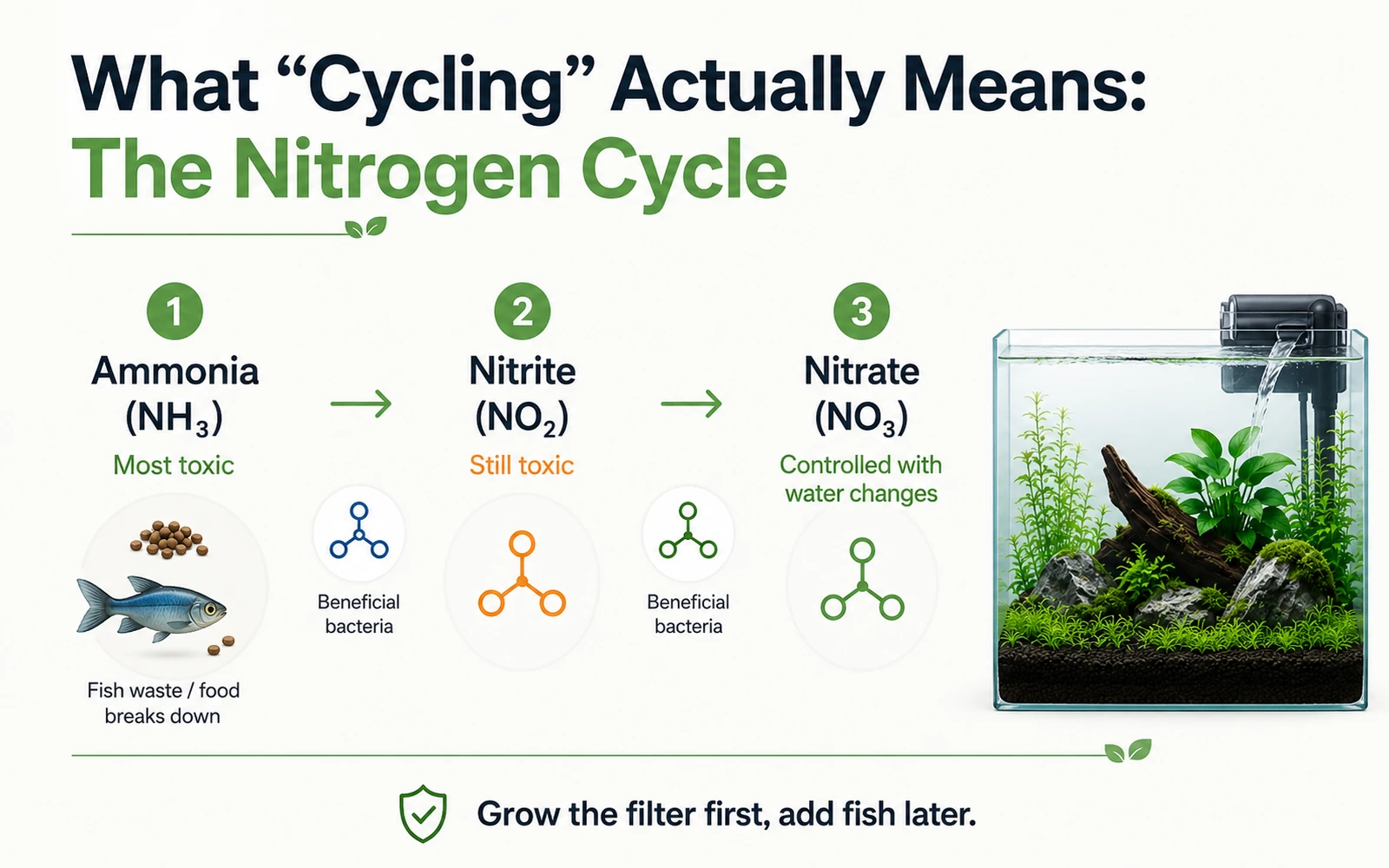 Aquarium nitrogen cycle showing ammonia changing to nitrite and then nitrate