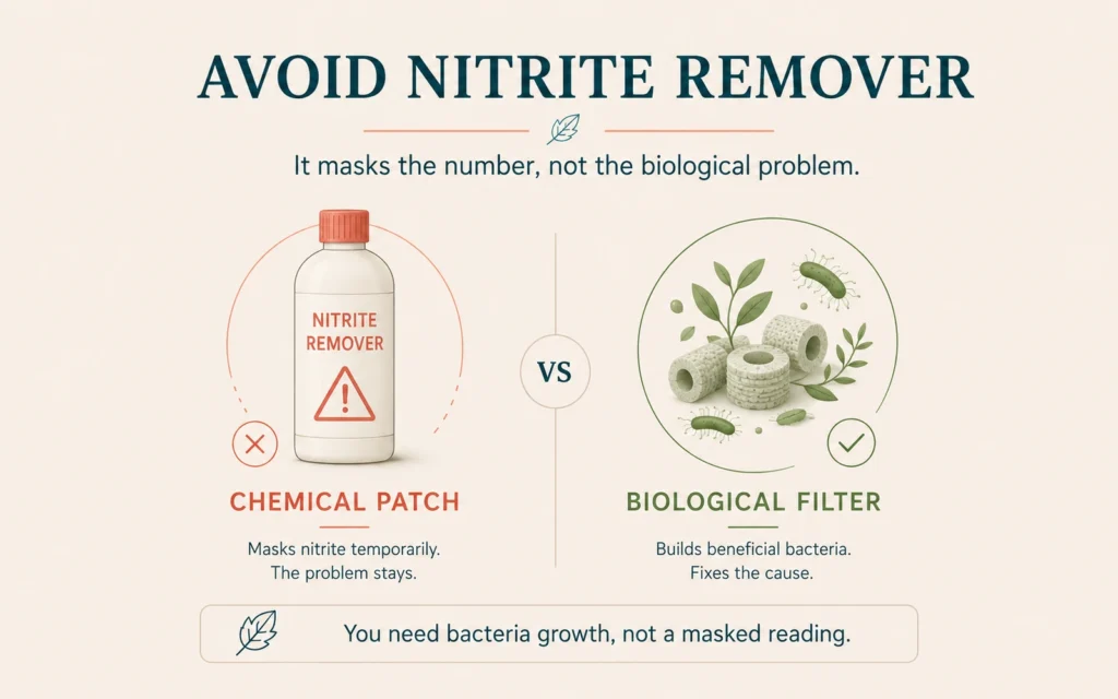 Comparison between a nitrite remover bottle that masks the reading and biological filter media that builds beneficial bacteria