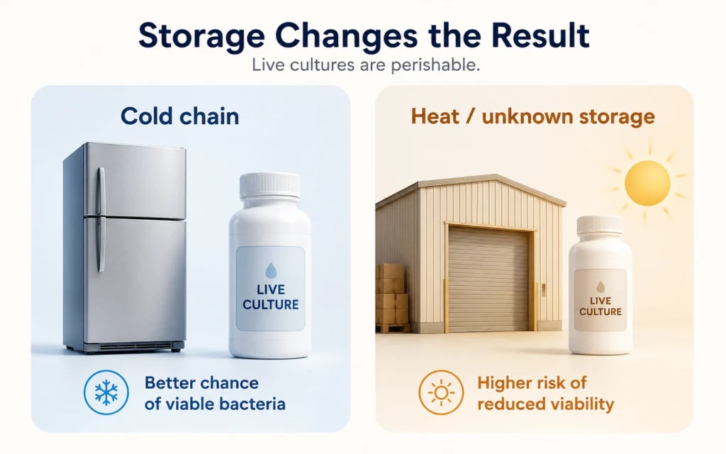 Comparison between cold-chain bottled bacteria storage and heat exposure in a warehouse