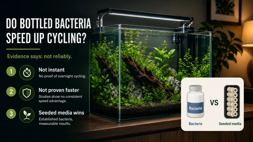 Planted freshwater aquarium comparing bottled bacteria with established biological filter media