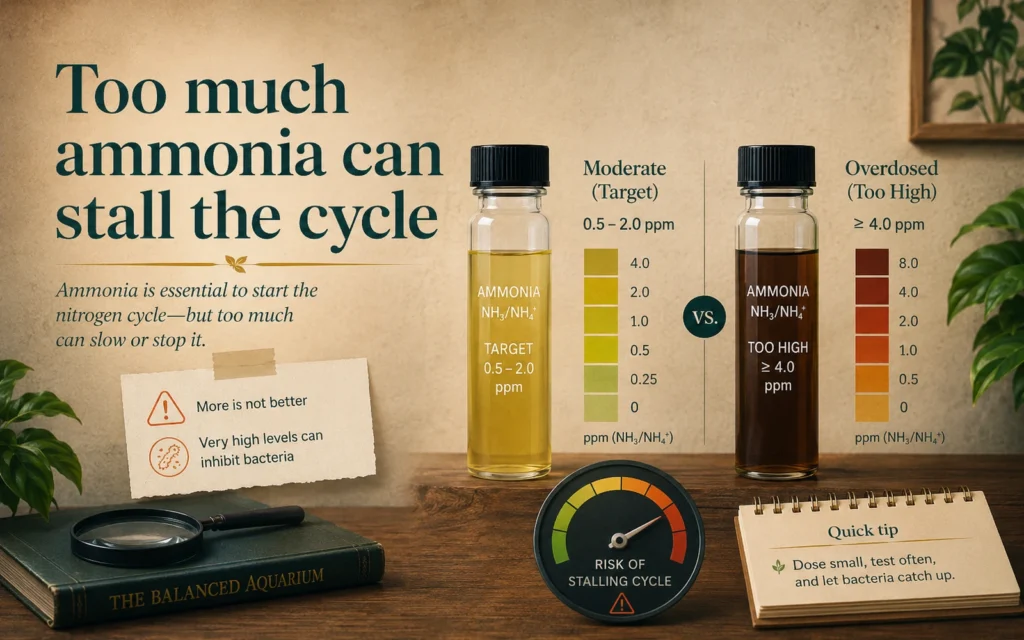 Moderate aquarium ammonia test vial compared with an overdosed high-ammonia vial