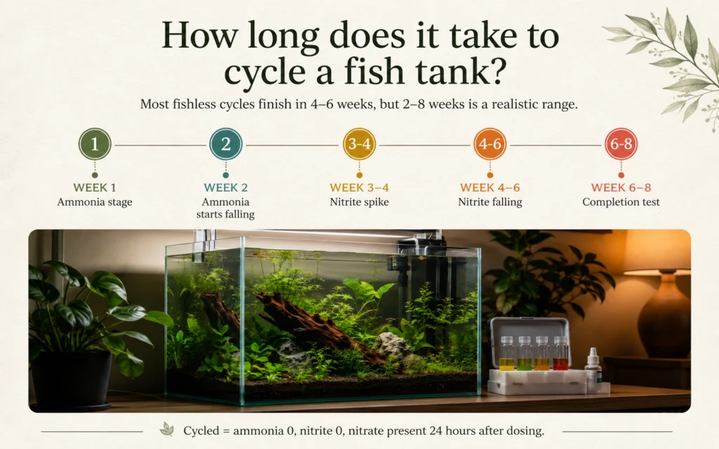 Aquarium cycling timeline from week one ammonia stage through the week six to eight completion test