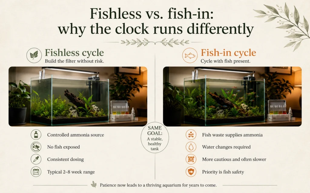 Side-by-side aquariums comparing a fishless cycle with a fish-in cycle
