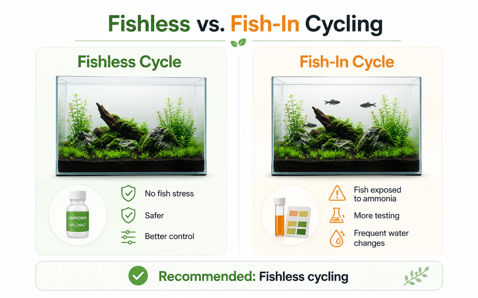 Side-by-side comparison of fishless cycling and fish-in aquarium cycling
