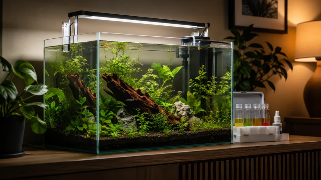 Realistic planted freshwater aquarium beside an aquarium water testing kit
