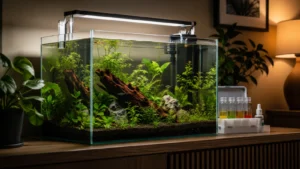 Realistic planted freshwater aquarium beside an aquarium water testing kit