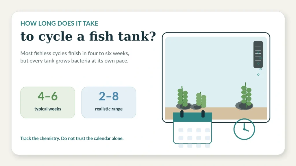 Minimalist aquarium illustration showing a typical four to six week cycling timeline within a two to eight week range