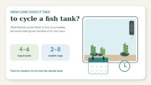 Minimalist aquarium illustration showing a typical four to six week cycling timeline within a two to eight week range