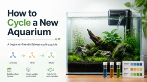 Planted freshwater aquarium with test vials illustrating a fishless aquarium cycle