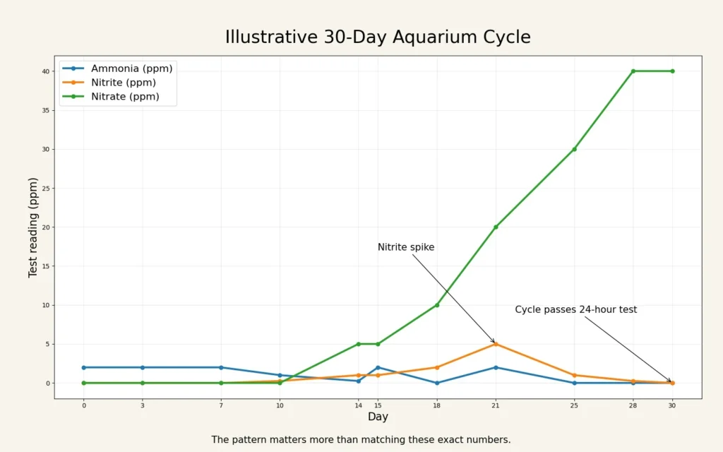 Line chart showing ammonia nitrite and nitrate readings during an illustrative 30-day aquarium cycle