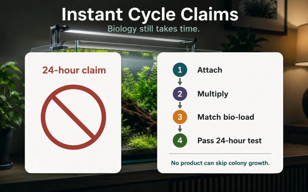 Crossed-out twenty-four-hour aquarium cycle claim beside four biological steps required to establish a cycle