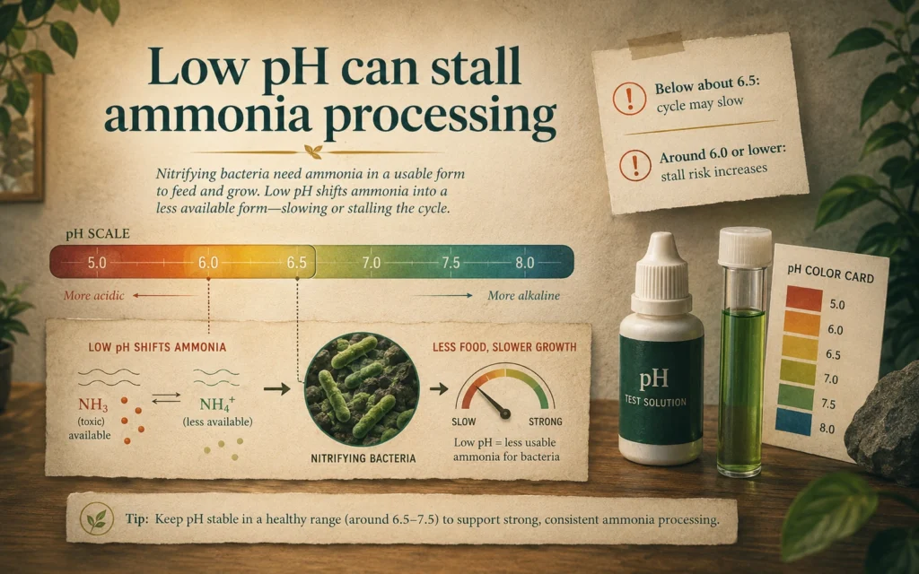 Aquarium pH scale showing slower ammonia processing below about pH 6.5