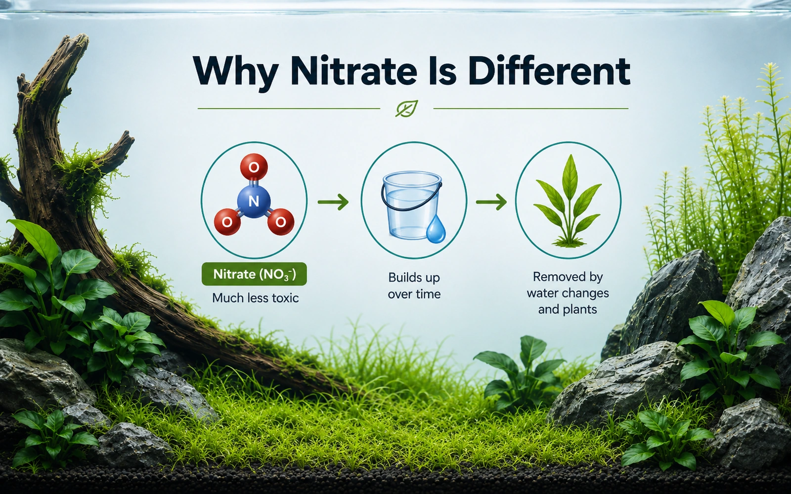 Aquarium infographic showing nitrate accumulating and being managed by water changes and live plants