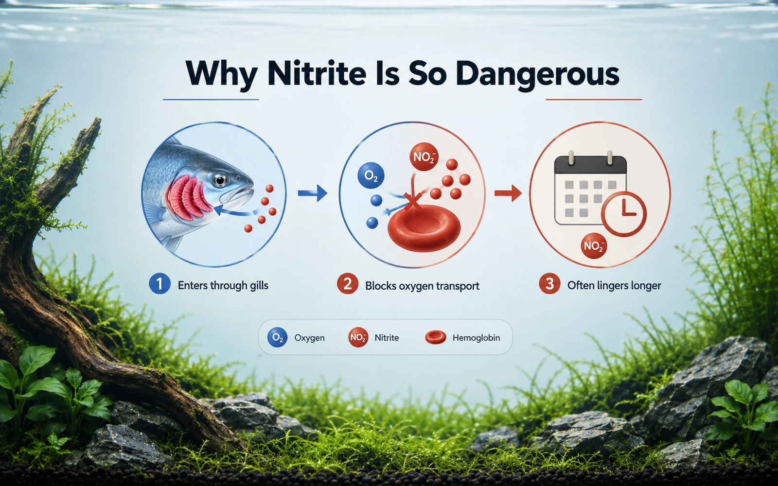 Fish gills and blood diagram showing nitrite interfering with oxygen transport by hemoglobin