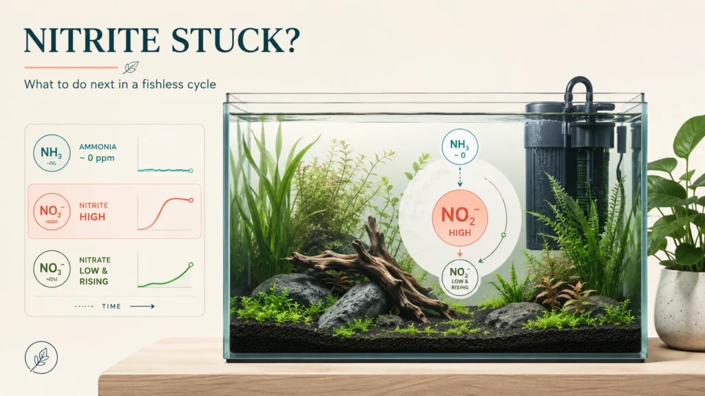 Planted aquarium illustration showing ammonia near zero, nitrite high, and nitrate low but rising