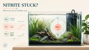 Planted aquarium illustration showing ammonia near zero, nitrite high, and nitrate low but rising