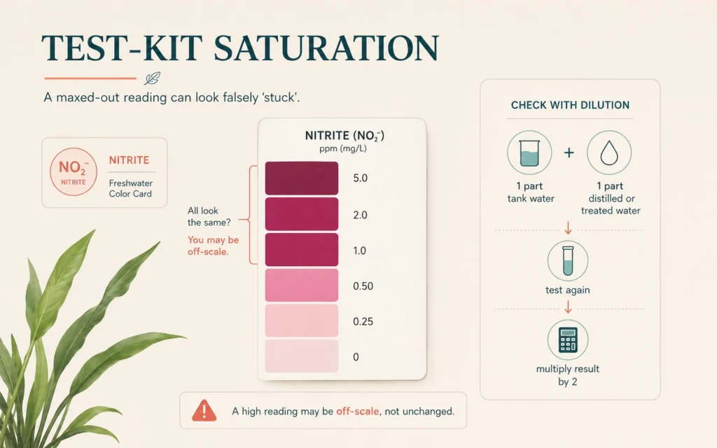 Nitrite color chart showing that maxed-out readings can look identical and a dilution retest can reveal the true value