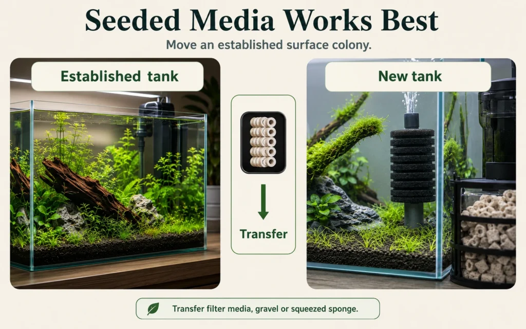 Established planted aquarium transferring mature filter media to a new aquarium filter