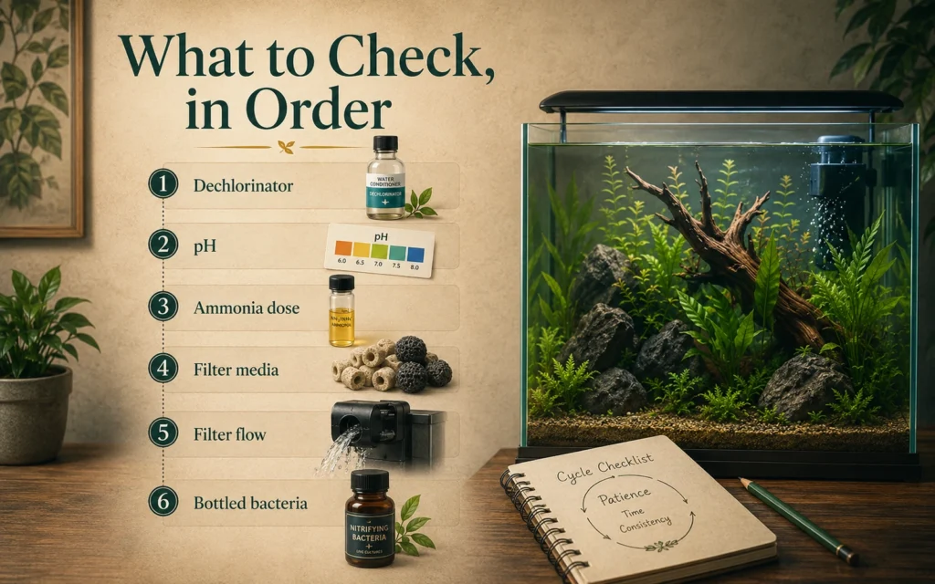 Six-step aquarium cycle troubleshooting checklist covering dechlorinator pH ammonia dose filter media flow and bottled bacteria