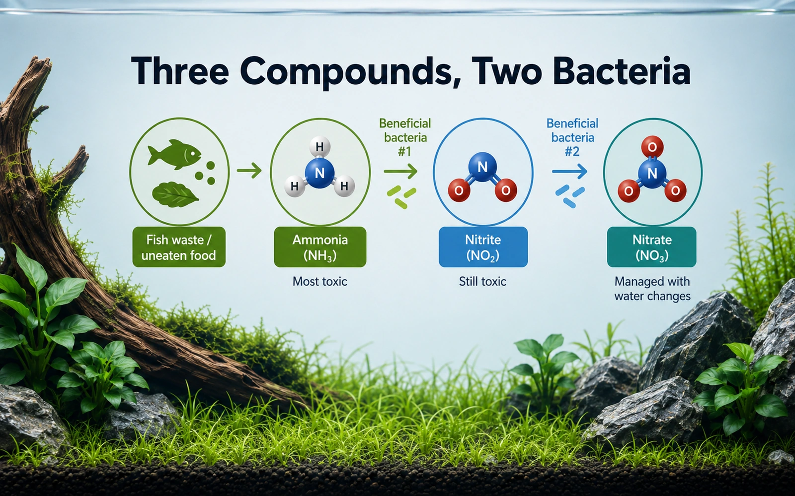 Aquarium nitrogen cycle showing ammonia nitrite and nitrate with two bacterial conversion steps