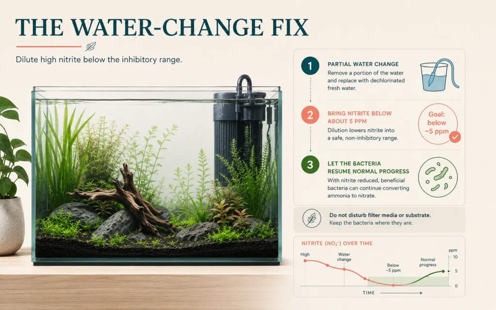Aquarium infographic showing a partial water change to bring nitrite below about 5 ppm so the bacteria can resume normal progress