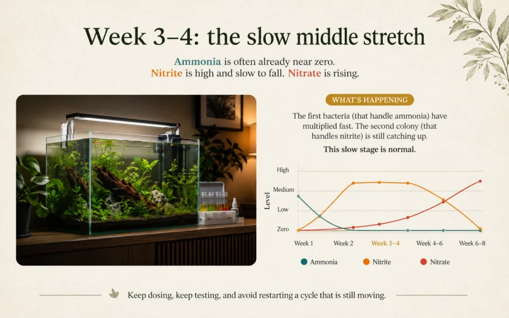 Aquarium cycle chart showing ammonia near zero nitrite high and nitrate rising during weeks three and four