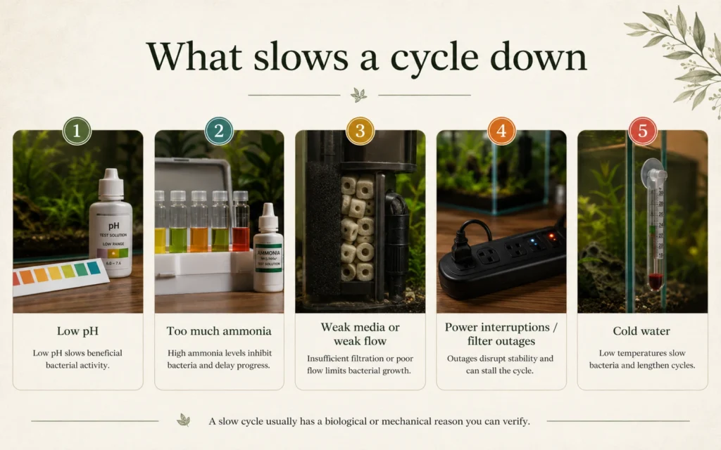 Low pH excess ammonia weak filter media power interruption and cold water slowing aquarium cycling