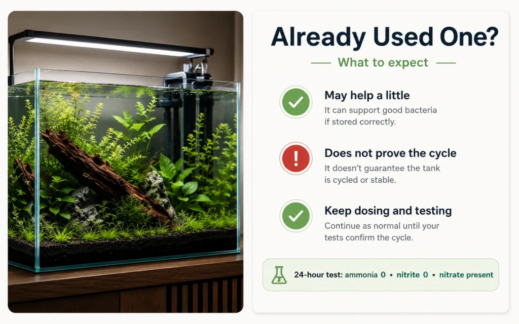 Planted aquarium checklist explaining that bottled bacteria may help modestly but does not prove the cycle