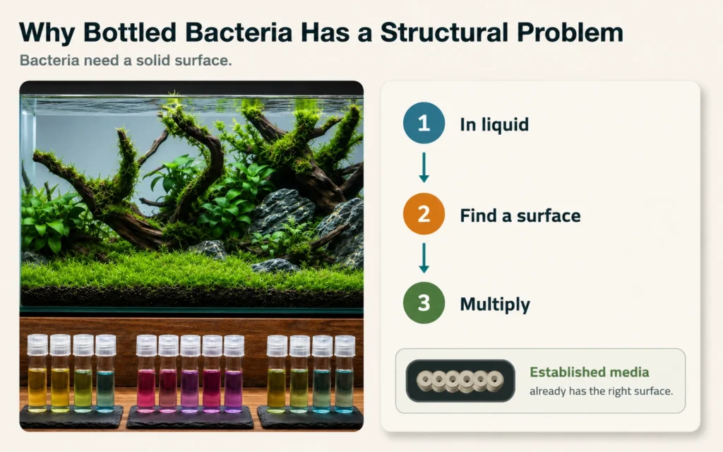 Planted aquarium and three-step diagram showing bacteria in liquid finding a surface and multiplying