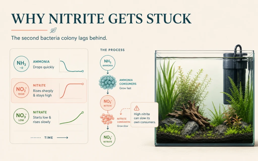Infographic showing ammonia dropping quickly while nitrite rises sharply and stays high because the second bacteria colony grows more slowly
