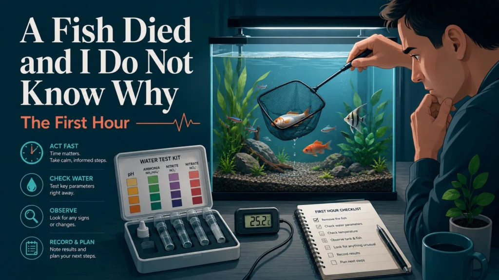Featured minimalist aquarium infographic showing the first hour after a fish dies, including body removal, water testing, observation, and planning the next steps.
