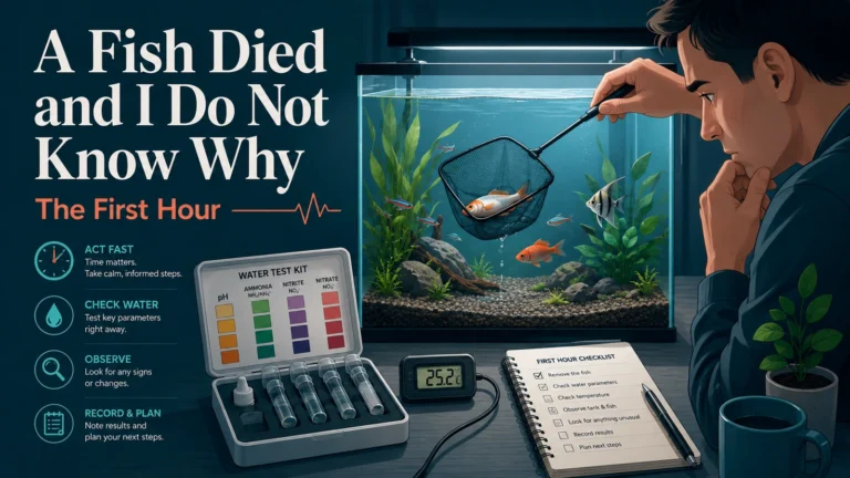 Featured minimalist aquarium infographic showing the first hour after a fish dies, including body removal, water testing, observation, and planning the next steps.