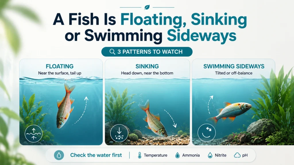 Featured minimalist aquarium infographic showing floating, sinking, and sideways swimming fish with a reminder to check water first.