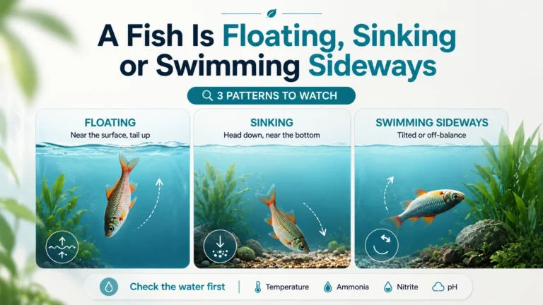 Featured minimalist aquarium infographic showing floating, sinking, and sideways swimming fish with a reminder to check water first.