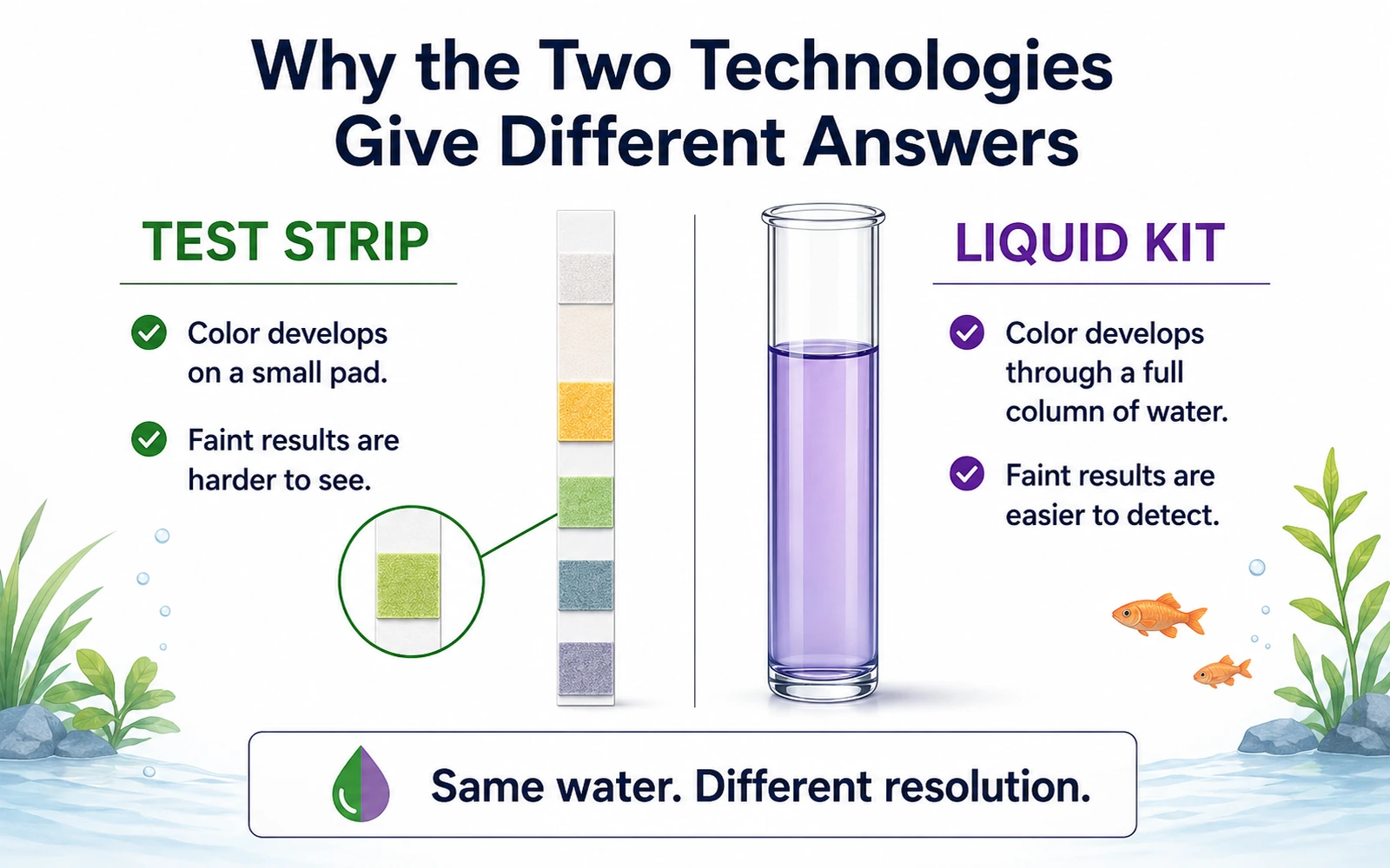 Illustration showing a strip reading zero while a liquid test detects 0.25 ppm ammonia or nitrite