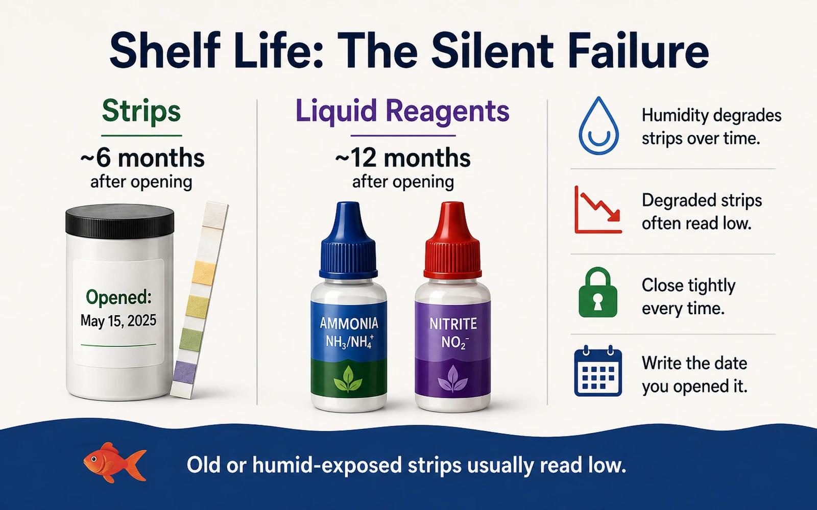 Comparison of test strip shelf life and liquid reagent shelf life with humidity and storage reminders
