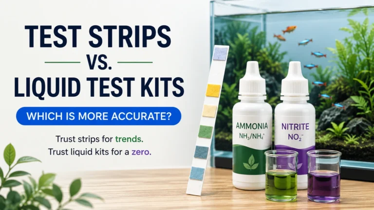 Aquarium test strip and liquid reagent kit bottles beside a planted fish tank
