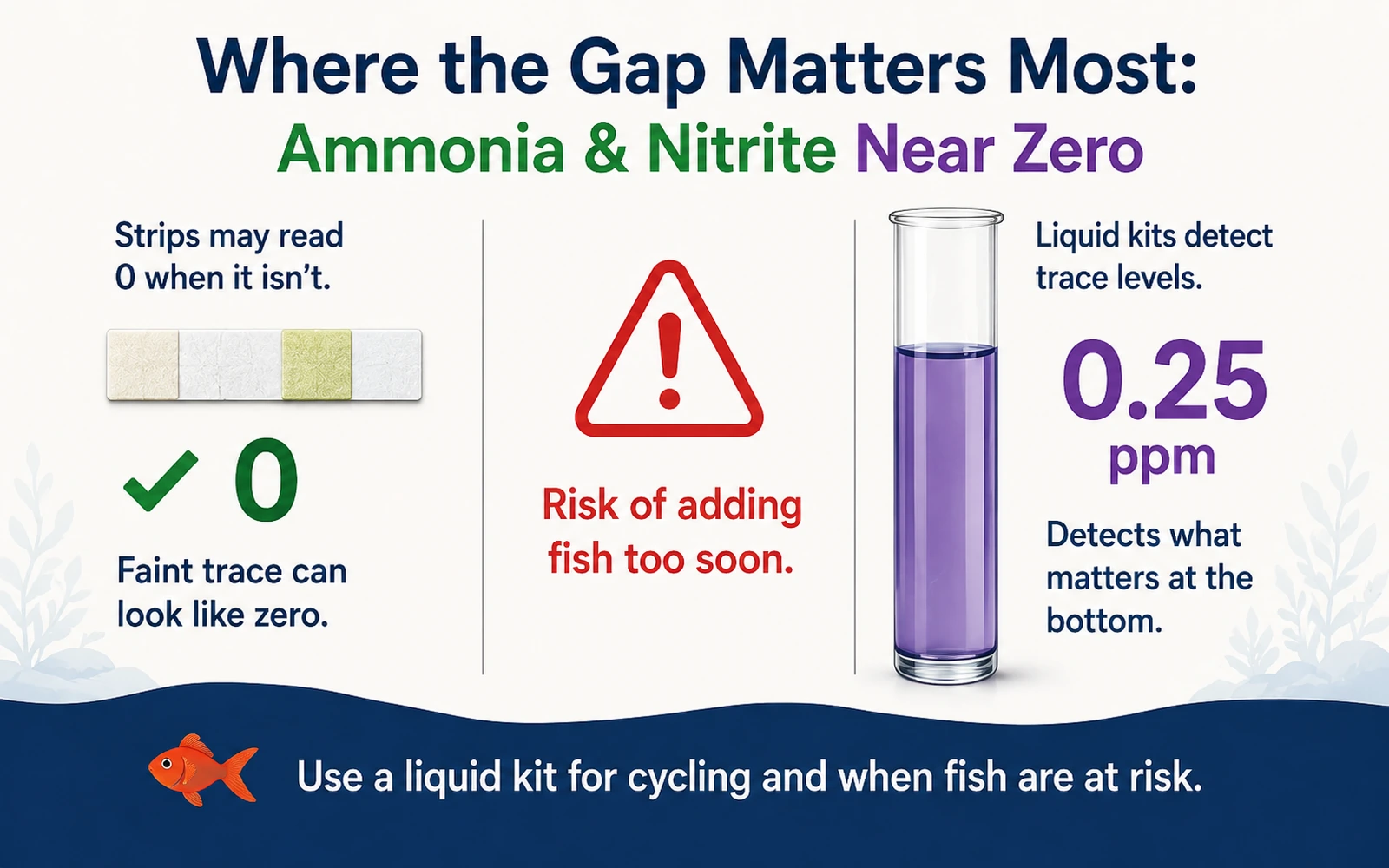 Illustration of common aquarium test strip mistakes including shaking bad light wrong timing moving water and temperature issues