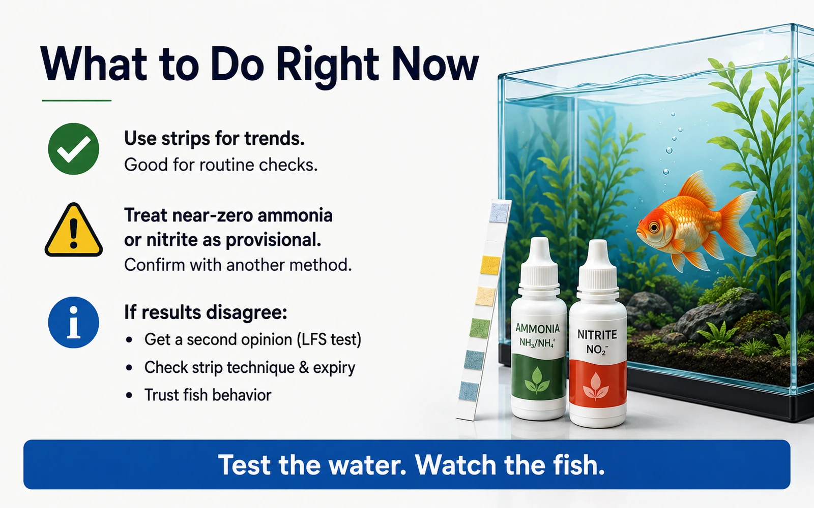 Aquarium guidance image advising keepers to use strips for trends and confirm near-zero ammonia or nitrite by another method