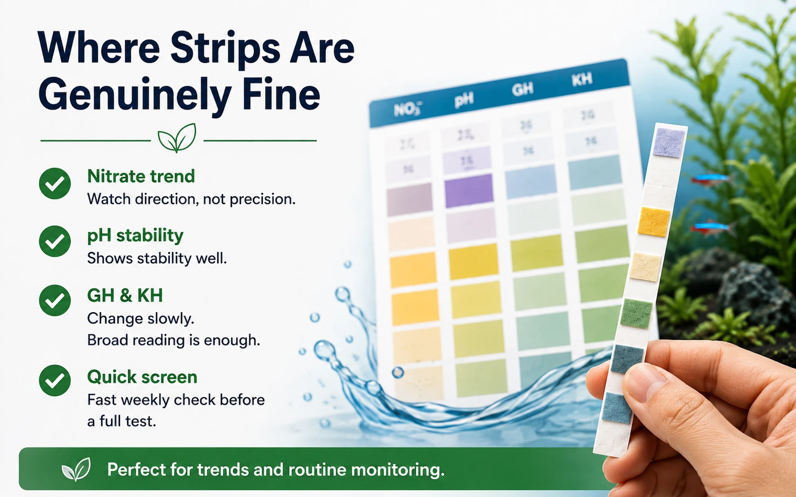 Checklist showing nitrate trends pH stability GH and KH and quick screening as good uses for aquarium test strips