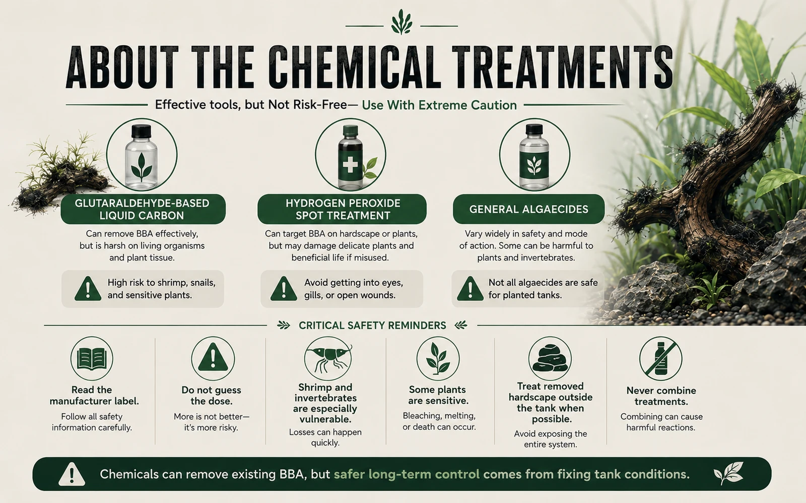 Safety-first infographic about chemical treatment options for black beard algae and why label directions matter.